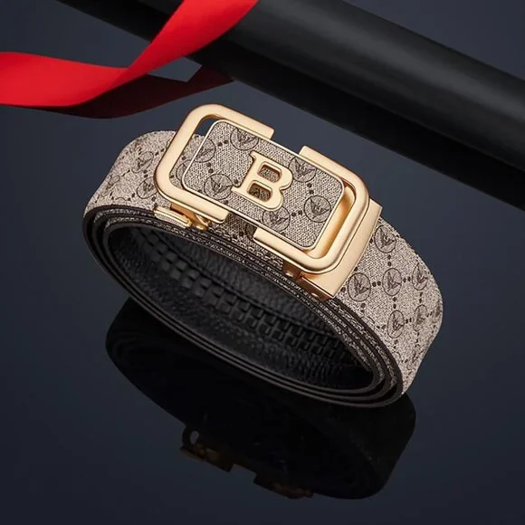 Letter B Belt for Men, Stylish Leather Ratchet Belts for Dress Casual Pants